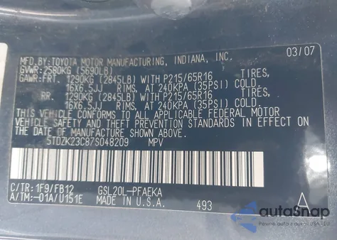 2007 Toyota Sienna Ce z USA, uszkodzony, nr VIN 5TDZK23C87S048209